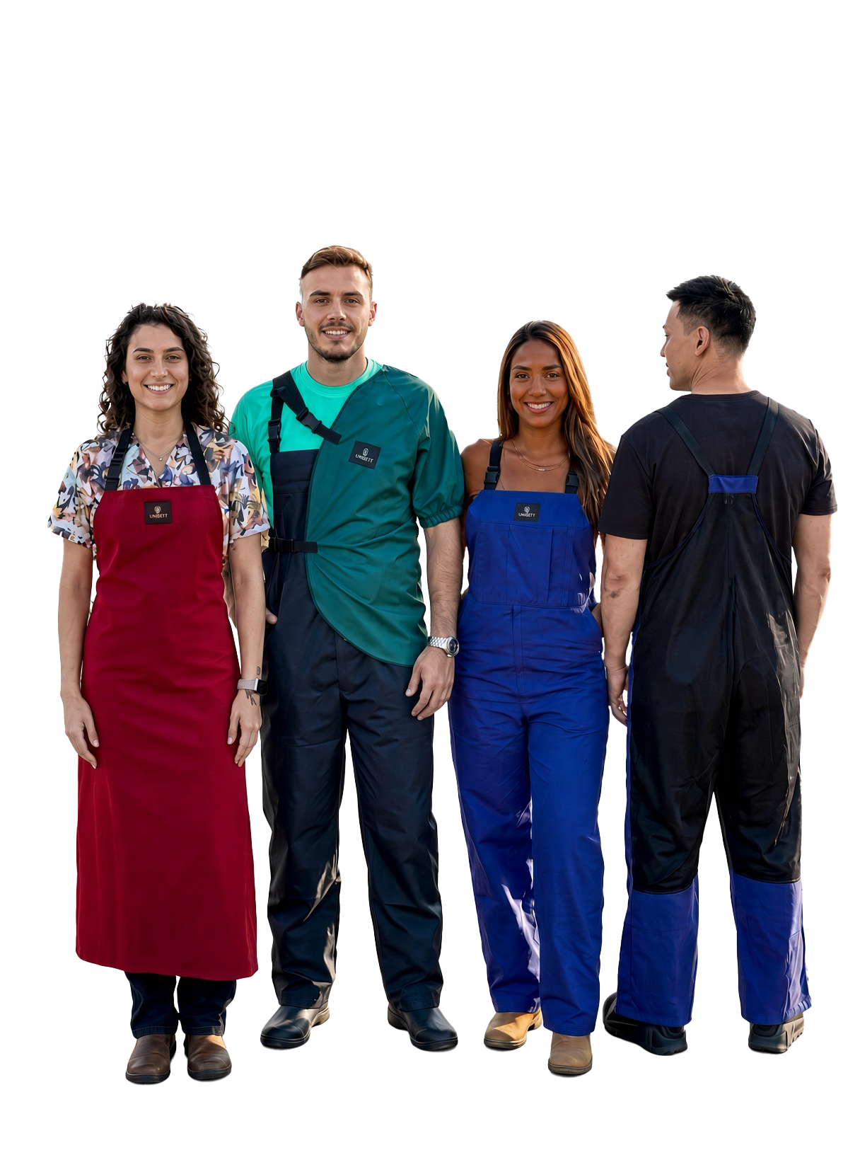 Equipo V-TECH mostrando indumentaria laboral para distintas profesiones